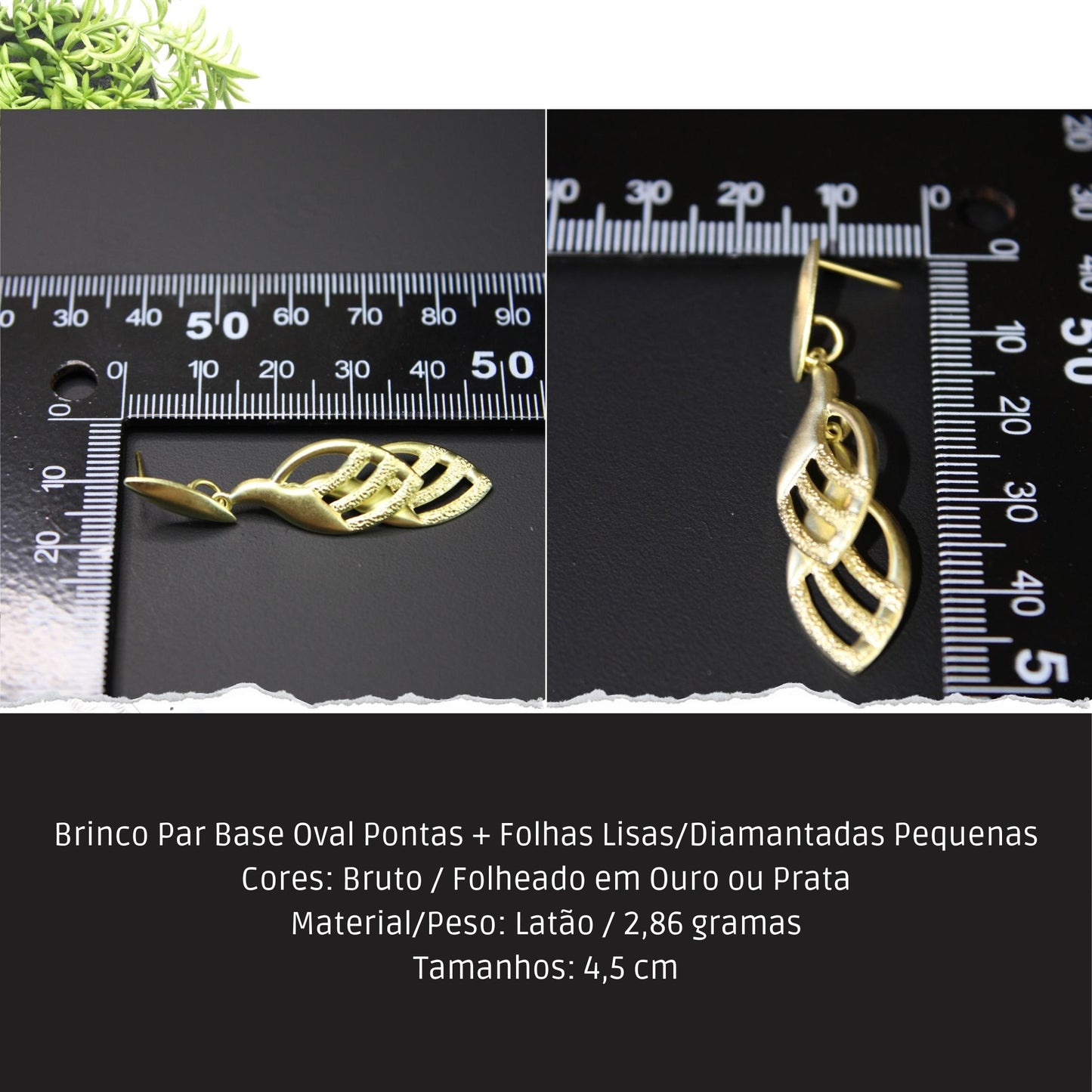 Brinco Par Base Oval Pontas + Folhas Lisas/Diamantadas Pequenas  - Código.: BR230040AIBR  - Peso.: 2.9 gr