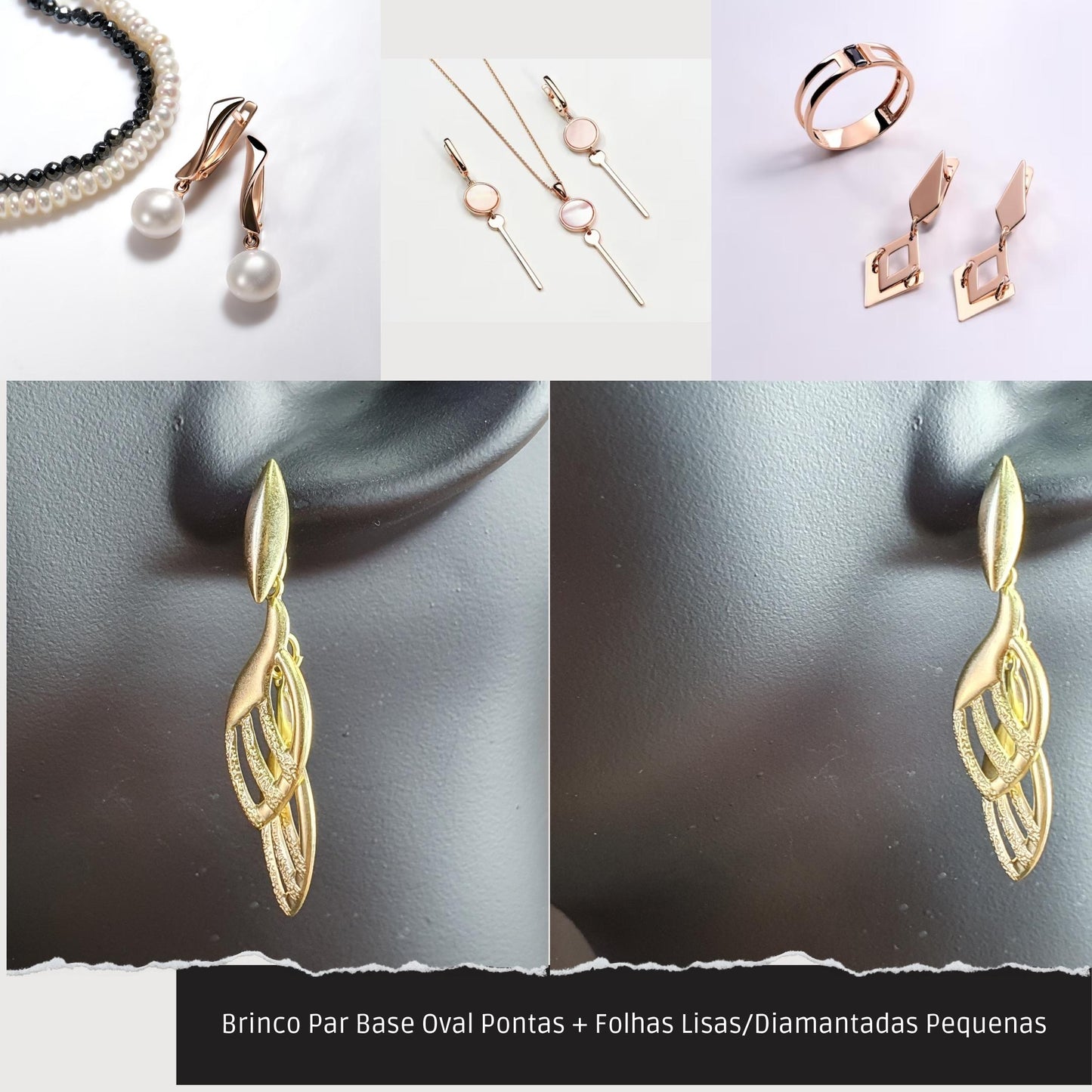 Brinco Par Base Oval Pontas + Folhas Lisas/Diamantadas Pequenas  - Código.: BR230040AIBR  - Peso.: 2.9 gr