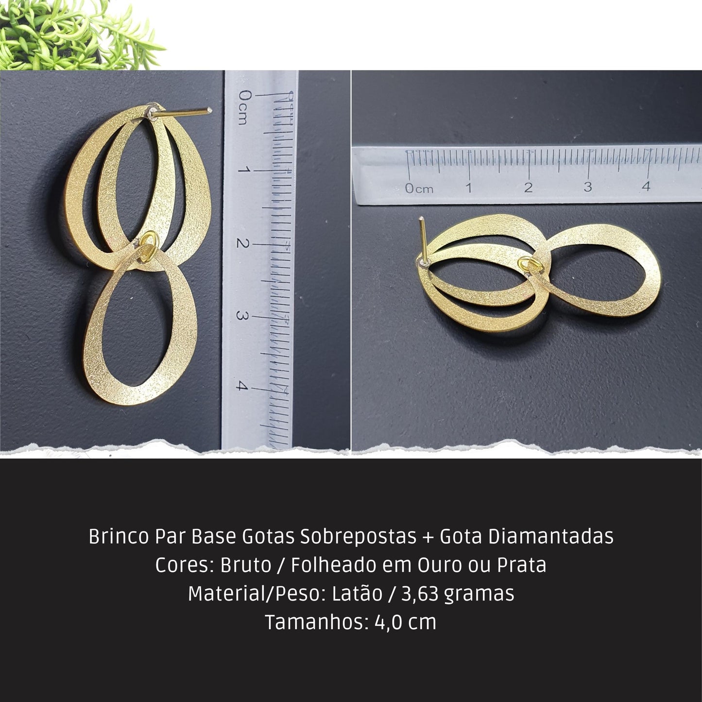 Brinco Par Base Gotas Sobrepostas + Gota Diamantadas  - Código.: BR230041AIBR  - Peso.: 3.6 gr