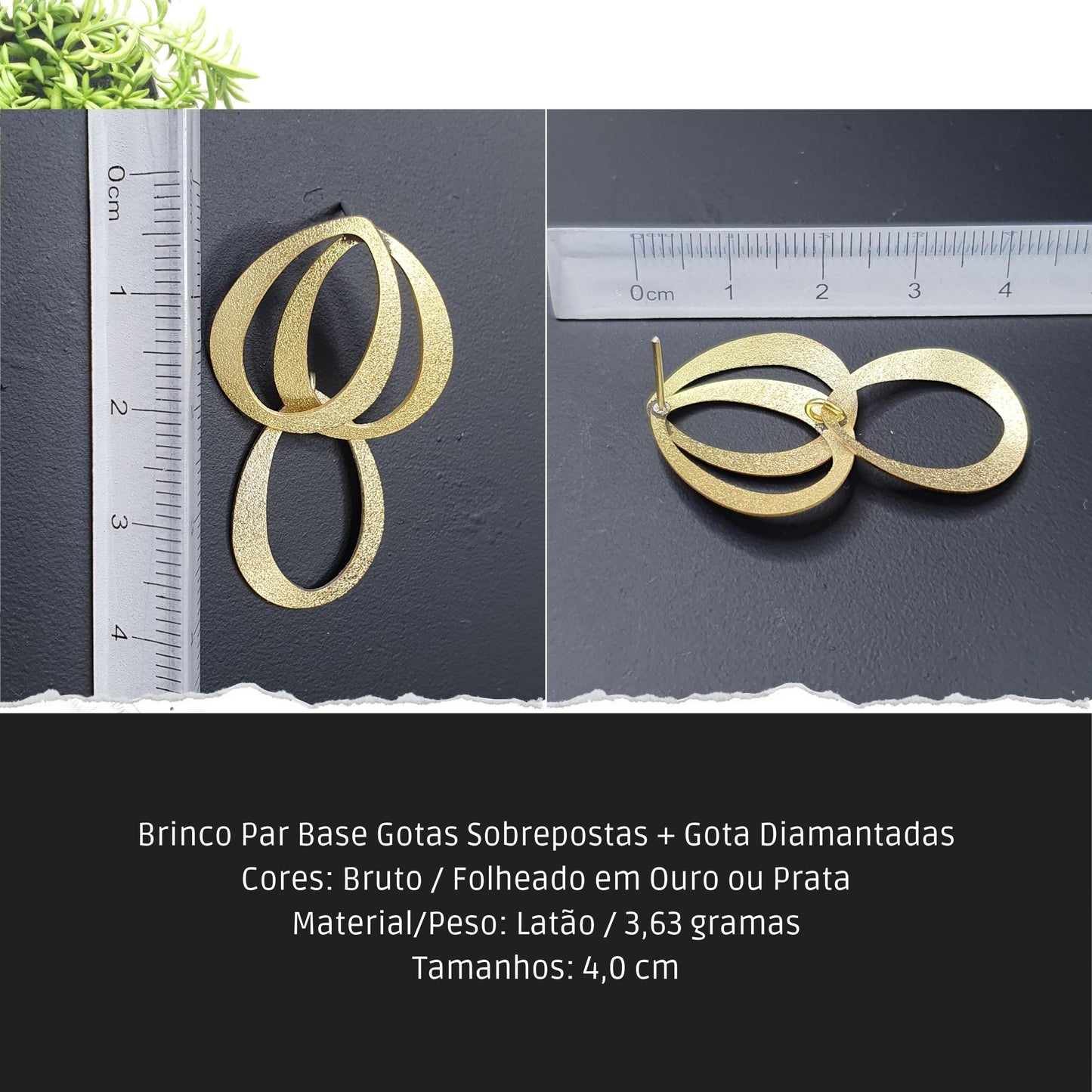 Brinco Par Base Gotas Sobrepostas + Gota Diamantadas  - Código.: BR230041AIBR  - Peso.: 3.6 gr