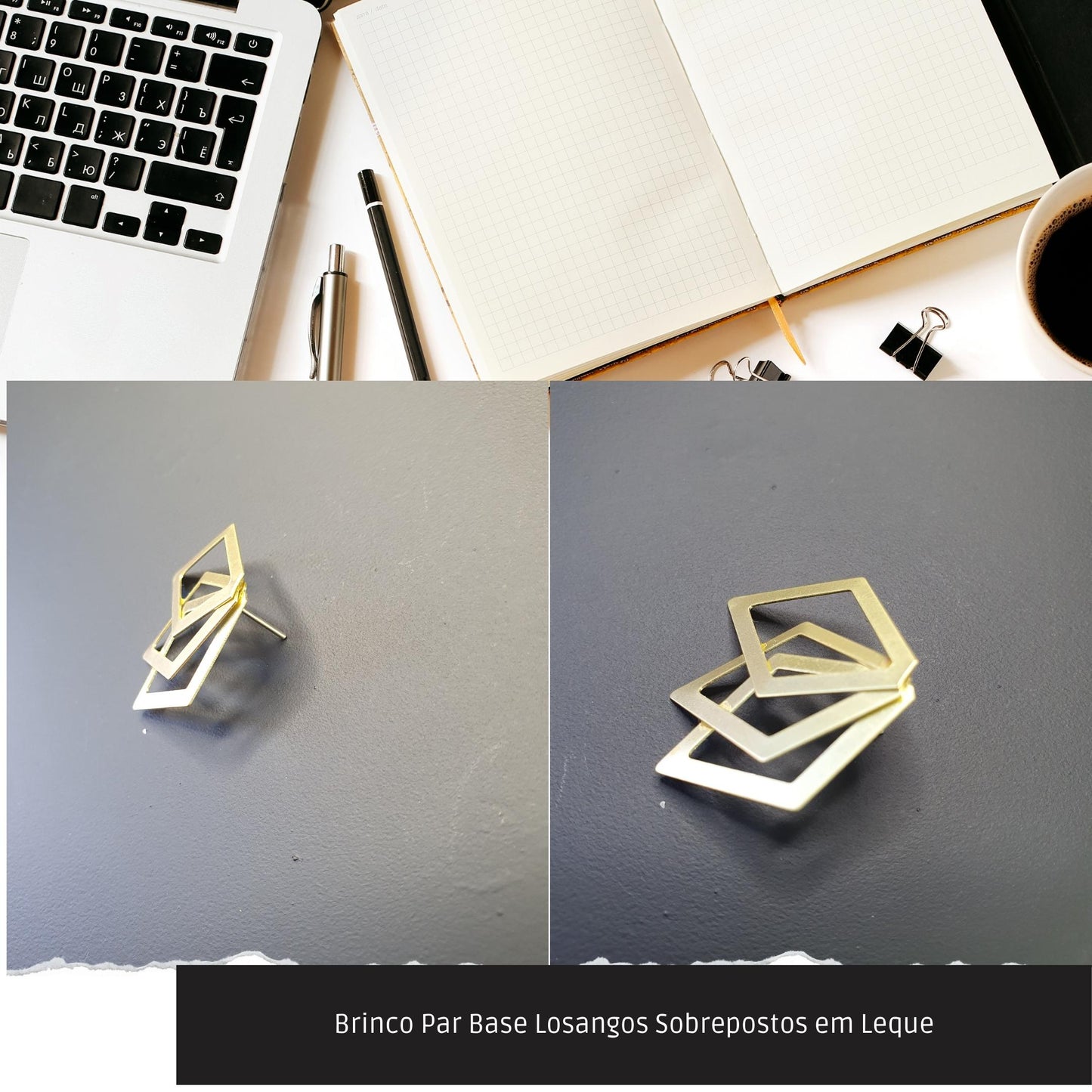 Brinco Par Base Losangos Sobrepostos em Leque  - Código.: BR230043AIBR  - Peso.: 2.5 gr