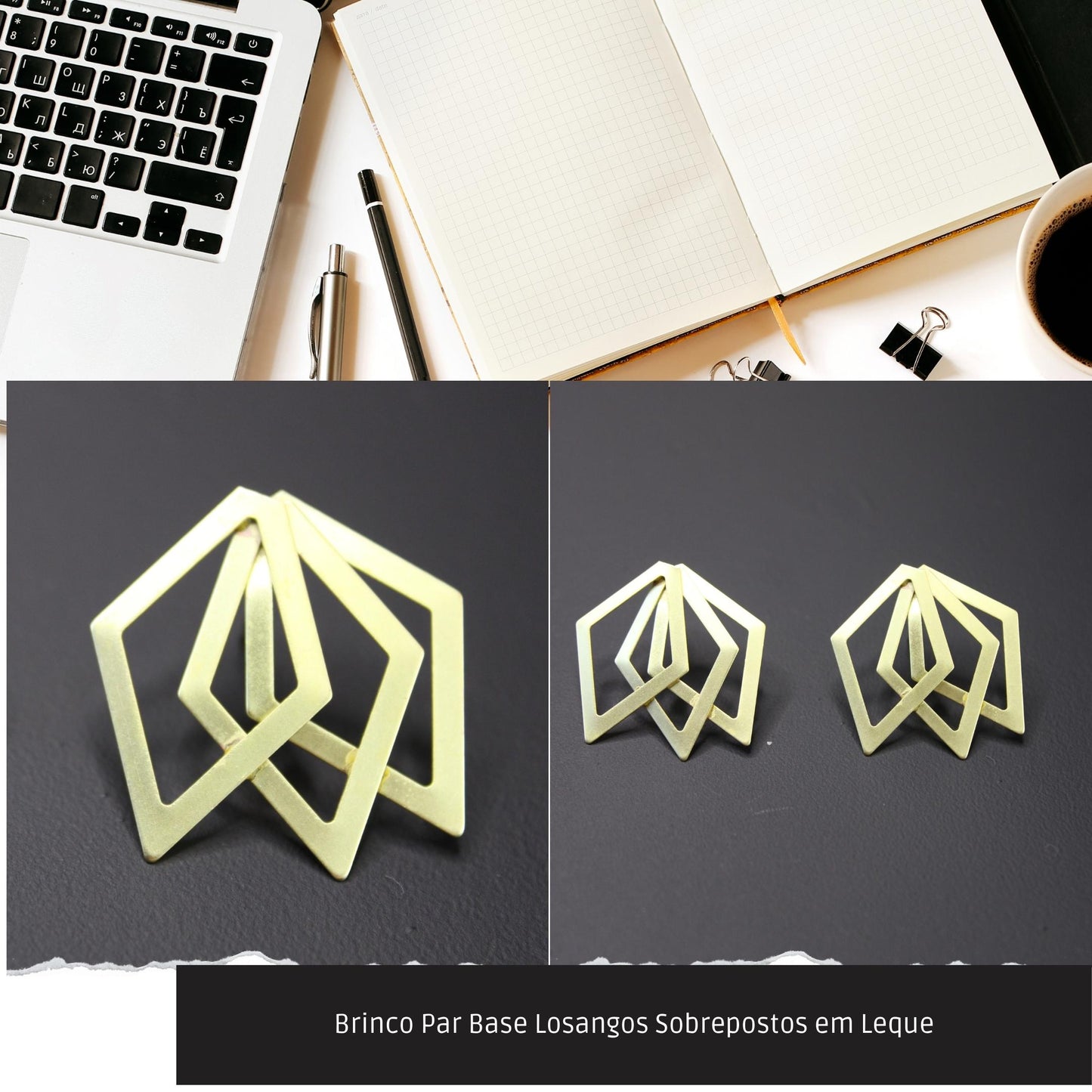 Brinco Par Base Losangos Sobrepostos em Leque  - Código.: BR230043AIBR  - Peso.: 2.5 gr