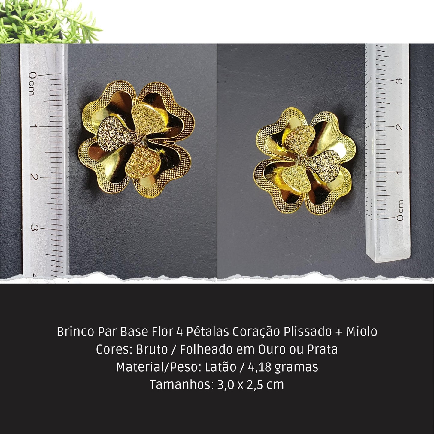 Brinco Par Base Flor 4 Pétalas Coração Plissado + Miolo  - Código.: BR230046AIBR  - Peso.: 4.2 gr