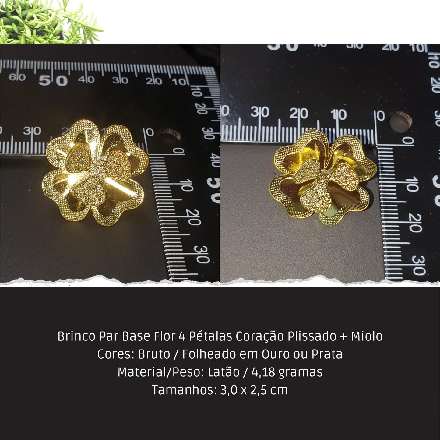 Brinco Par Base Flor 4 Pétalas Coração Plissado + Miolo  - Código.: BR230046AIBR  - Peso.: 4.2 gr