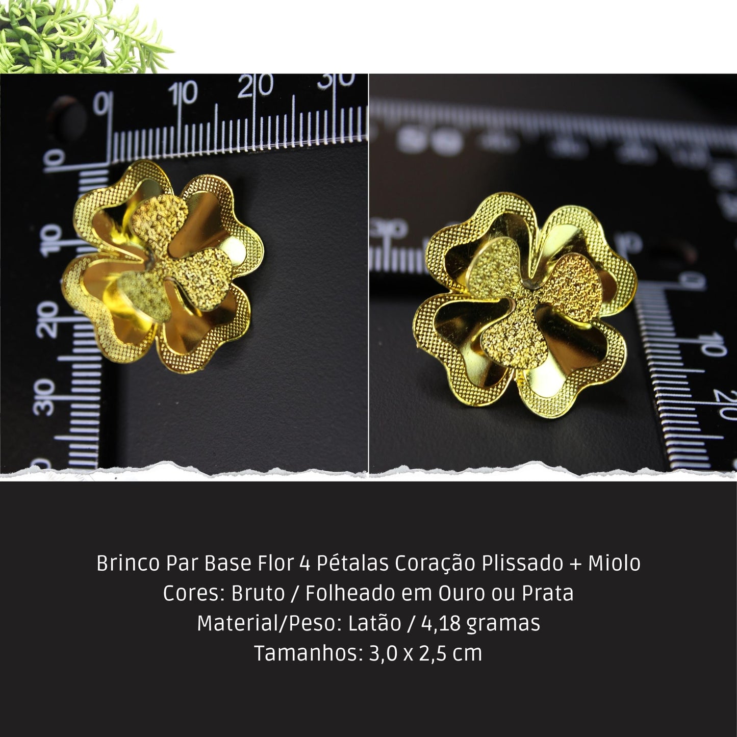 Brinco Par Base Flor 4 Pétalas Coração Plissado + Miolo  - Código.: BR230046AIBR  - Peso.: 4.2 gr