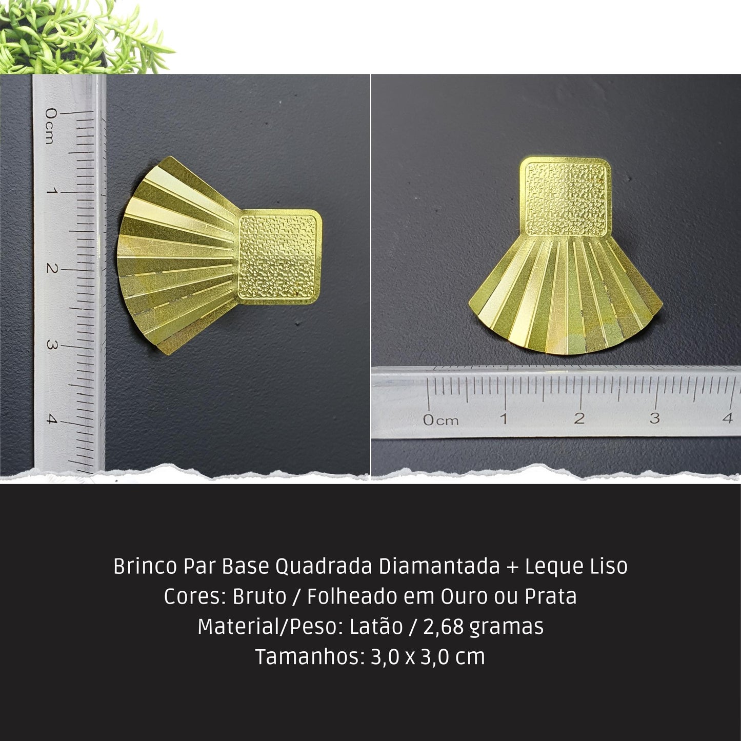 Brinco Par Base Quadrada Diamantada + Leque Liso  - Código.: BR230047AIBR  - Peso.: 2.7 gr