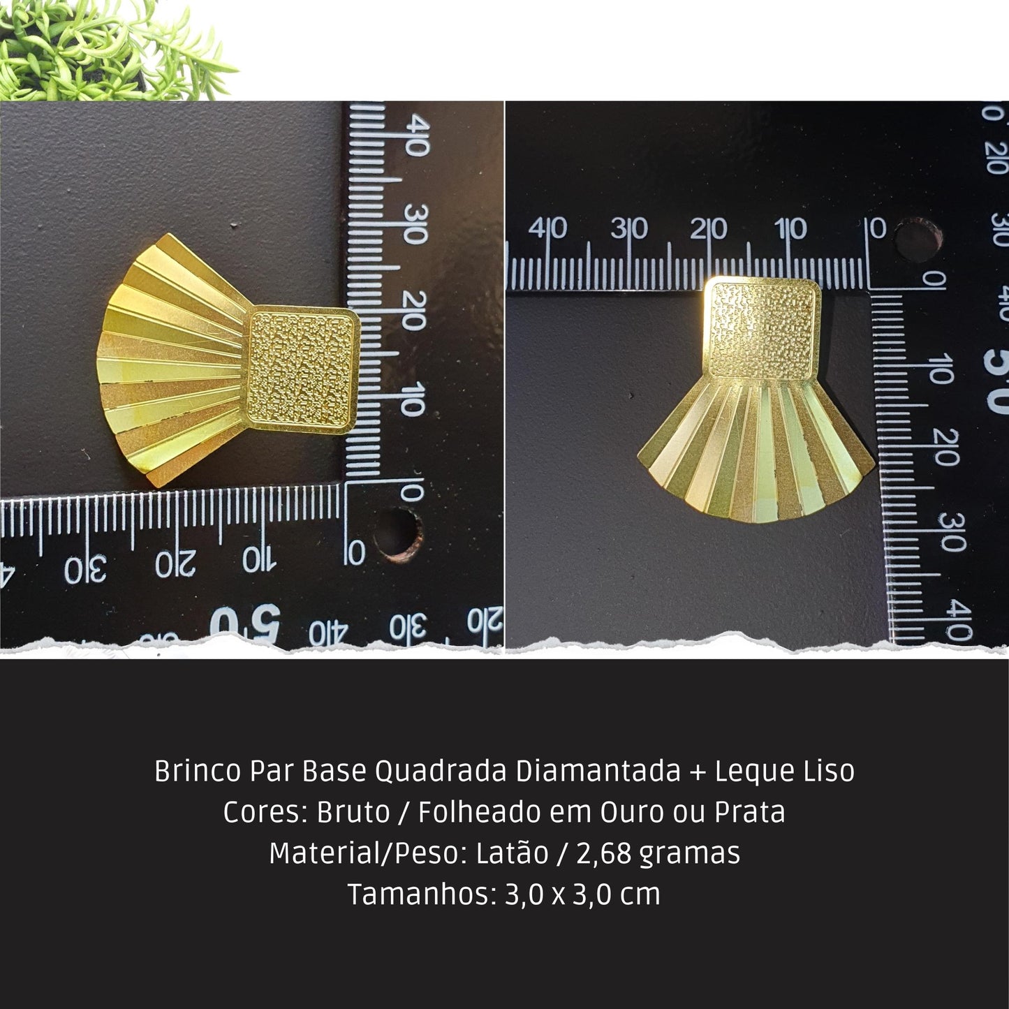 Brinco Par Base Quadrada Diamantada + Leque Liso  - Código.: BR230047AIBR  - Peso.: 2.7 gr