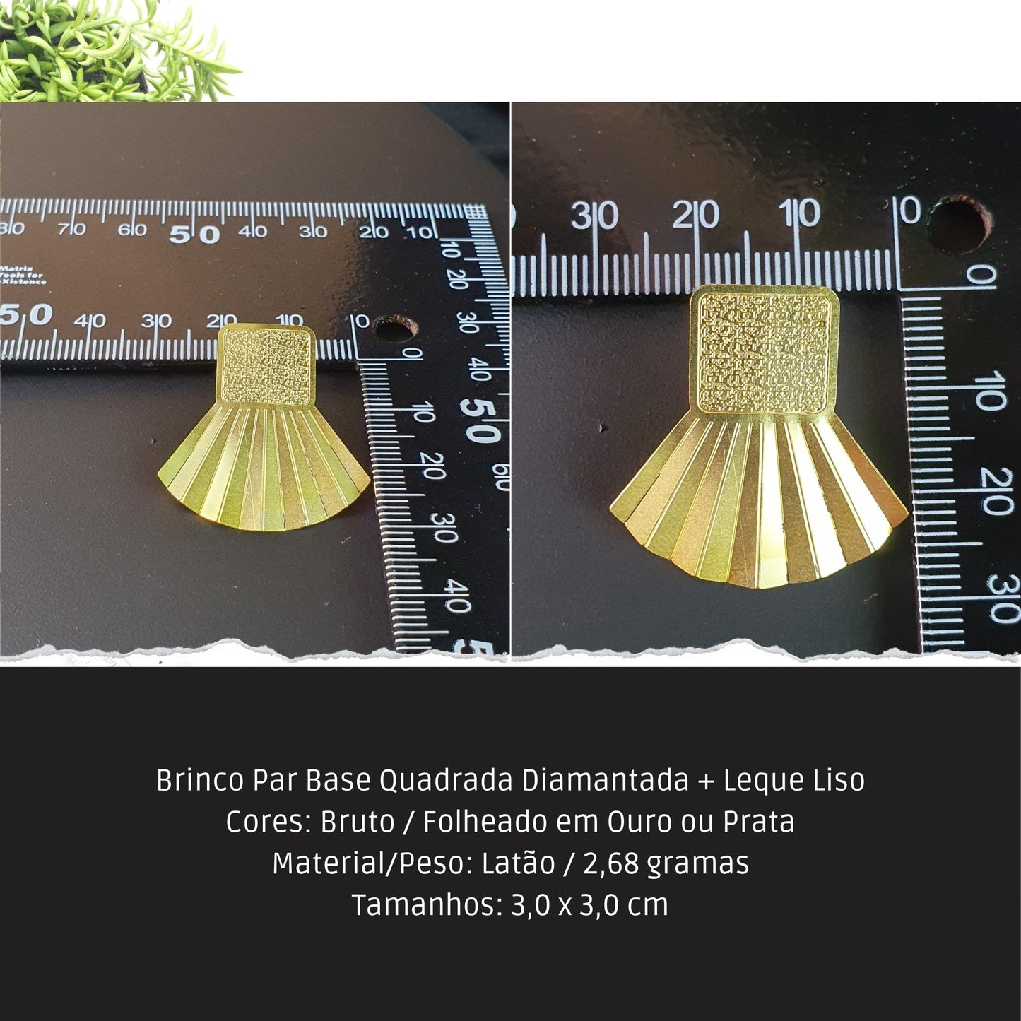 Brinco Par Base Quadrada Diamantada + Leque Liso  - Código.: BR230047AIBR  - Peso.: 2.7 gr