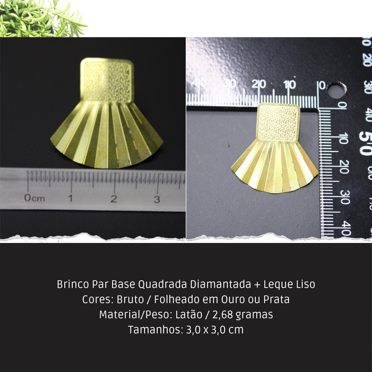 Brinco Par Base Quadrada Diamantada + Leque Liso  - Código.: BR230047AIBR  - Peso.: 2.7 gr
