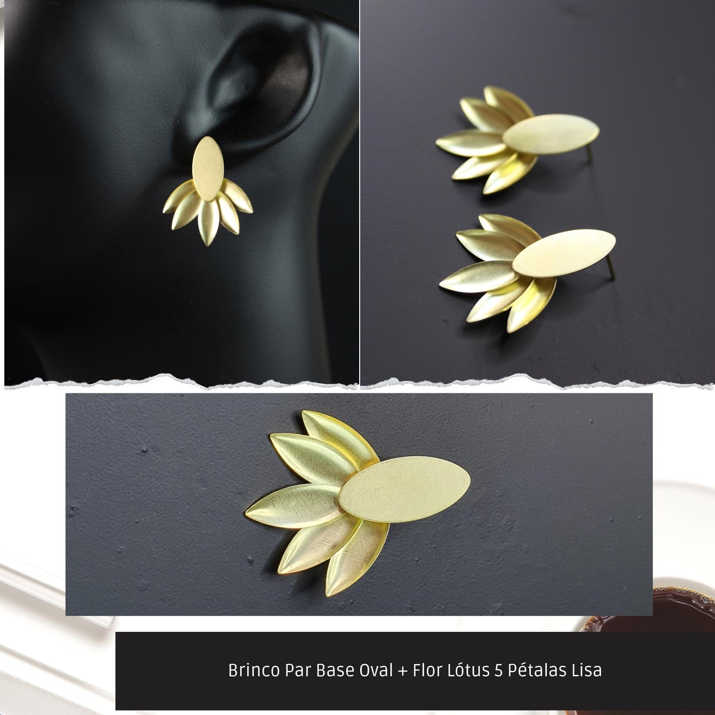 Brinco Par Base Oval + Flor Lótus 5 Pétalas Lisa  - Código.: BR230049AIBR  - Peso.: 3.8 gr