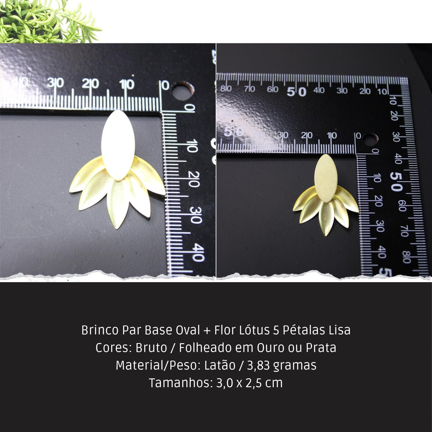 Brinco Par Base Oval + Flor Lótus 5 Pétalas Lisa  - Código.: BR230049AIBR  - Peso.: 3.8 gr