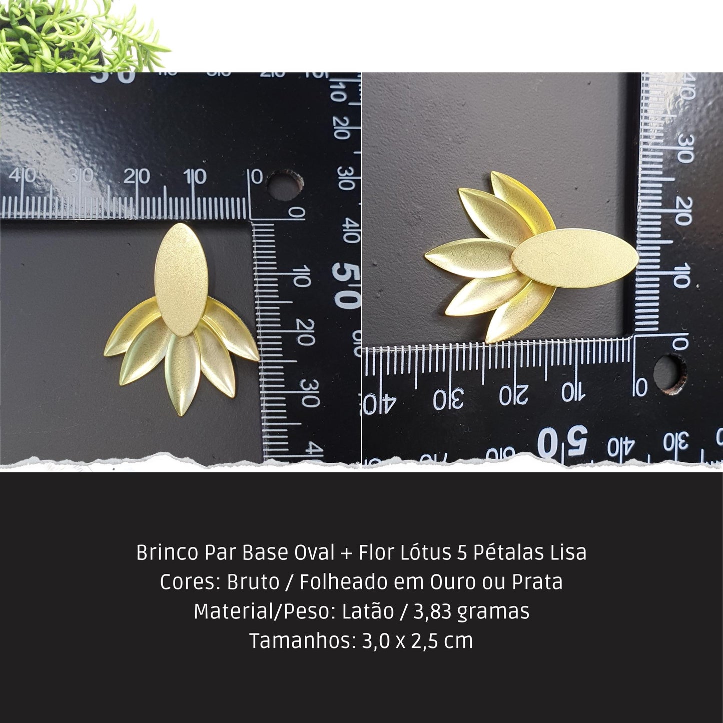 Brinco Par Base Oval + Flor Lótus 5 Pétalas Lisa  - Código.: BR230049AIBR  - Peso.: 3.8 gr