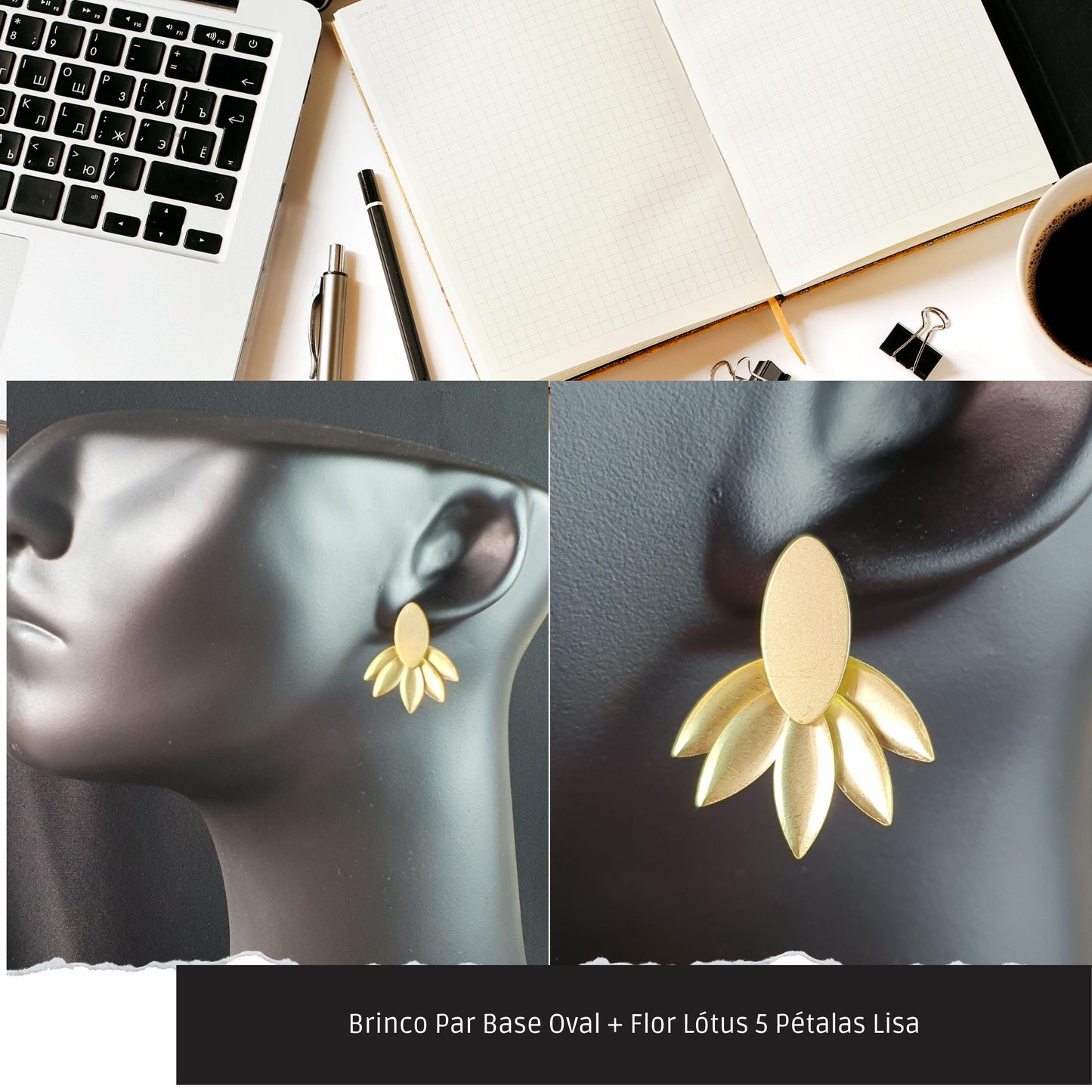 Brinco Par Base Oval + Flor Lótus 5 Pétalas Lisa  - Código.: BR230049AIBR  - Peso.: 3.8 gr