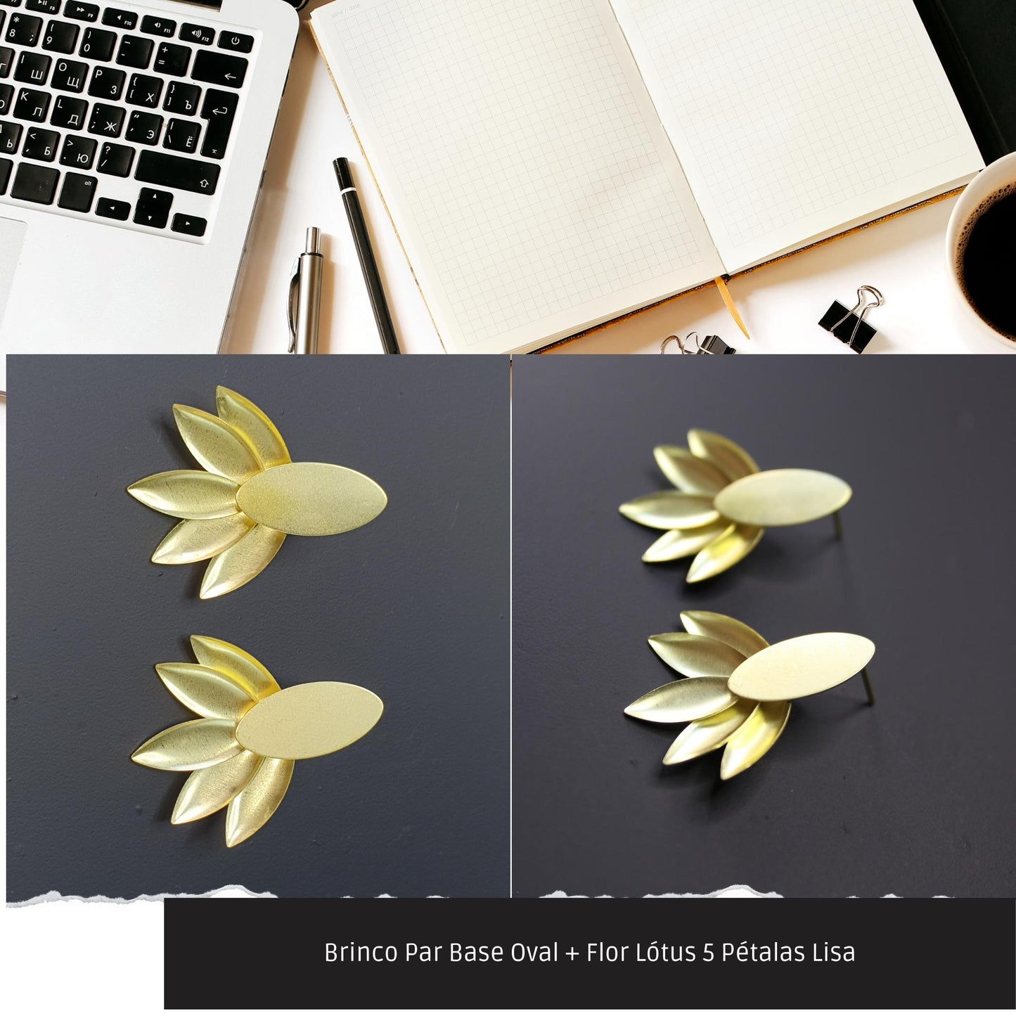 Brinco Par Base Oval + Flor Lótus 5 Pétalas Lisa  - Código.: BR230049AIBR  - Peso.: 3.8 gr