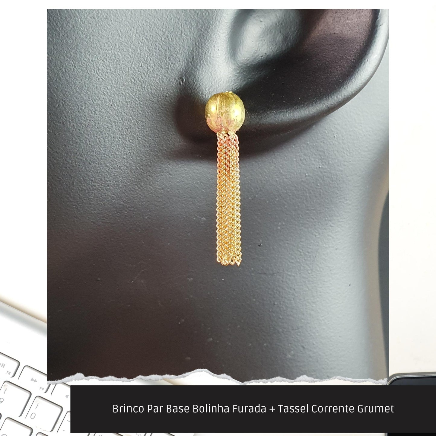Brinco Par Base Bolinha Furada + Tassel Corrente Grumet  - Código.: BR230052AIBR  - Peso.: 4.1 gr