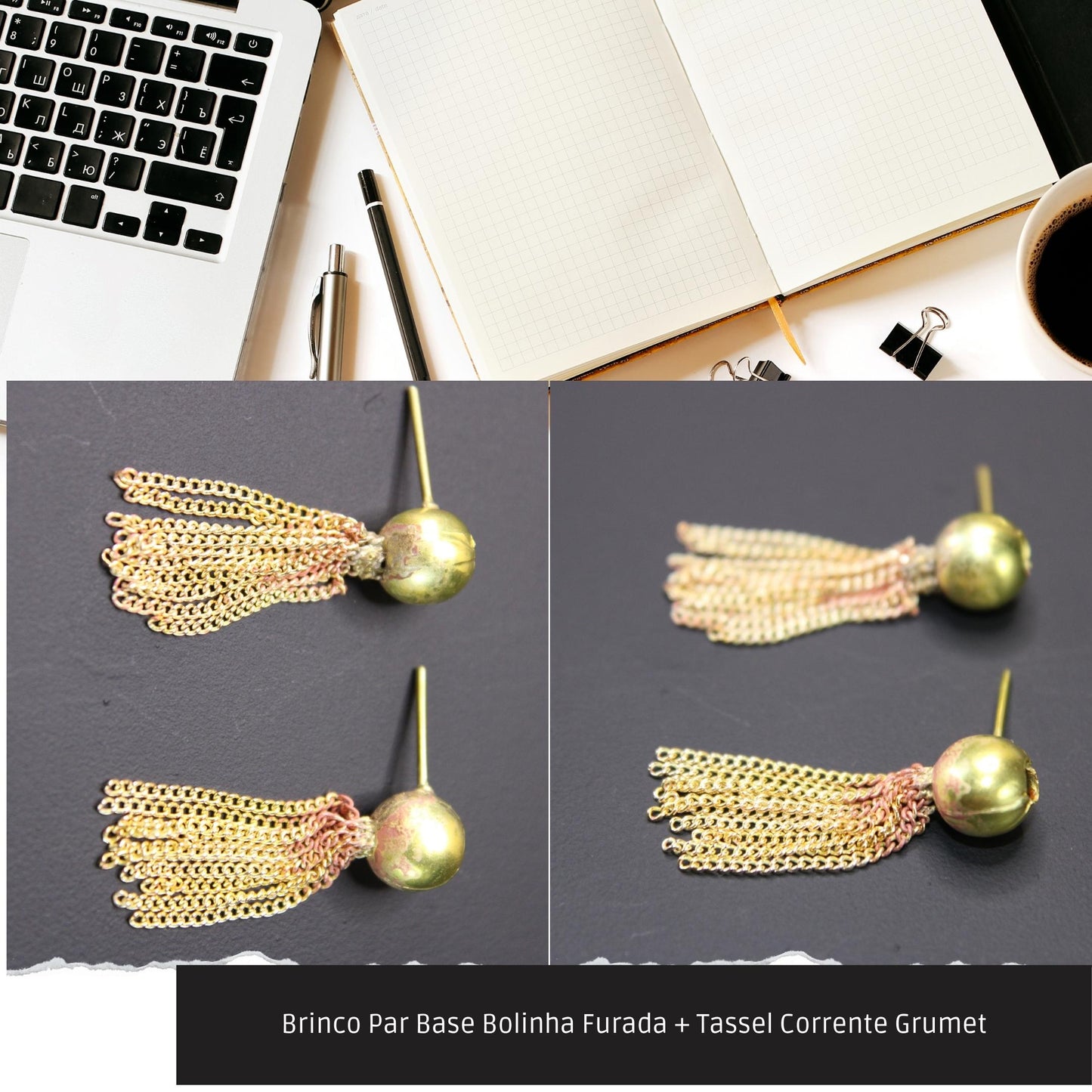 Brinco Par Base Bolinha Furada + Tassel Corrente Grumet  - Código.: BR230052AIBR  - Peso.: 4.1 gr