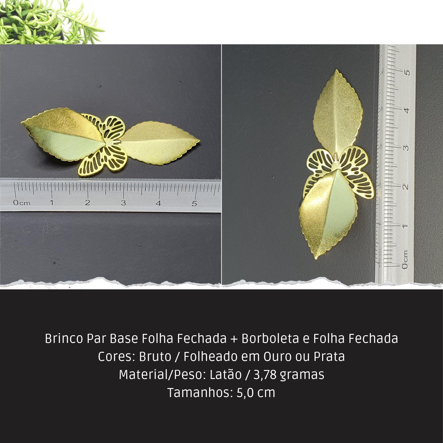 Brinco Par Base Folha Fechada + Borboleta e Folha Fechada  - Código.: BR230055AIBR  - Peso.: 3.8 gr