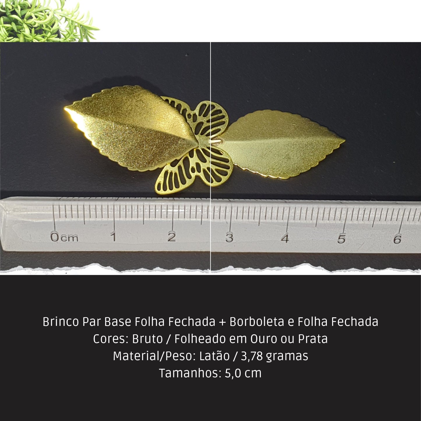Brinco Par Base Folha Fechada + Borboleta e Folha Fechada  - Código.: BR230055AIBR  - Peso.: 3.8 gr