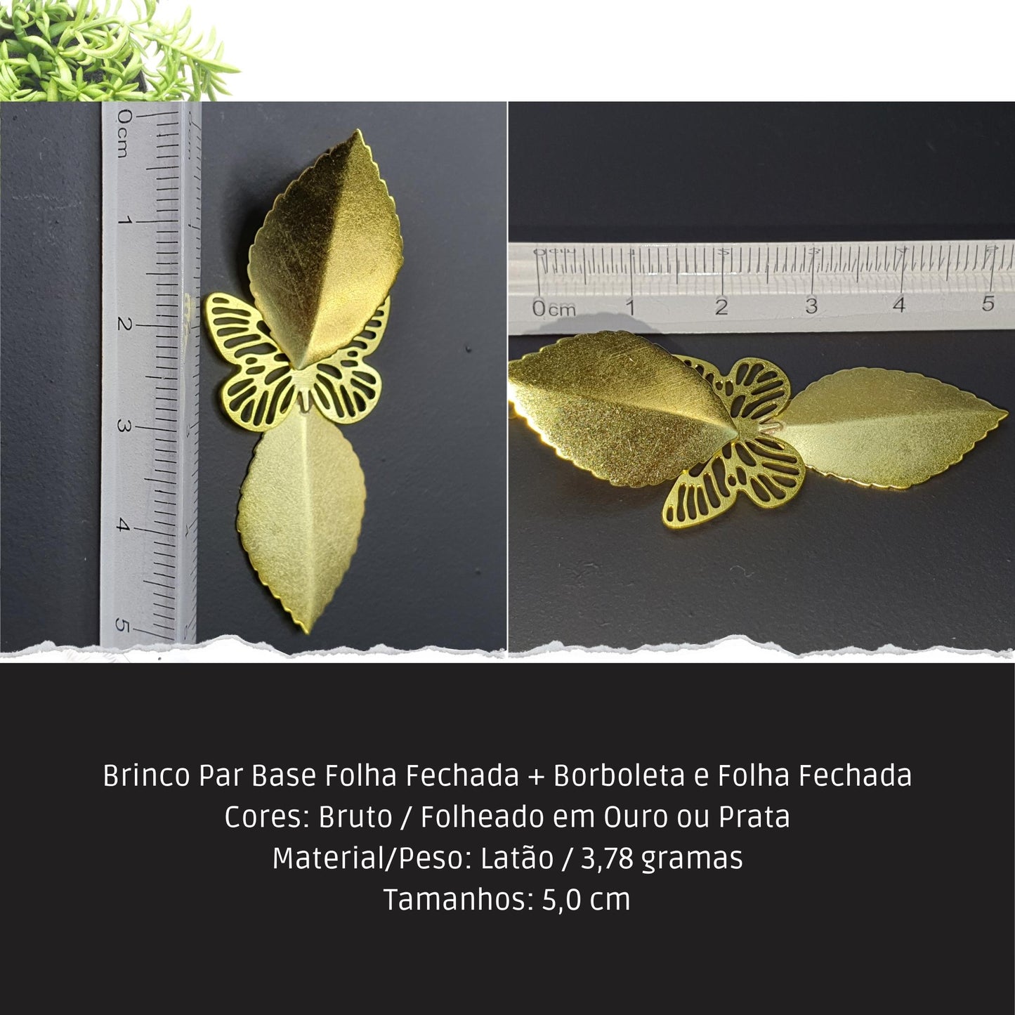 Brinco Par Base Folha Fechada + Borboleta e Folha Fechada  - Código.: BR230055AIBR  - Peso.: 3.8 gr