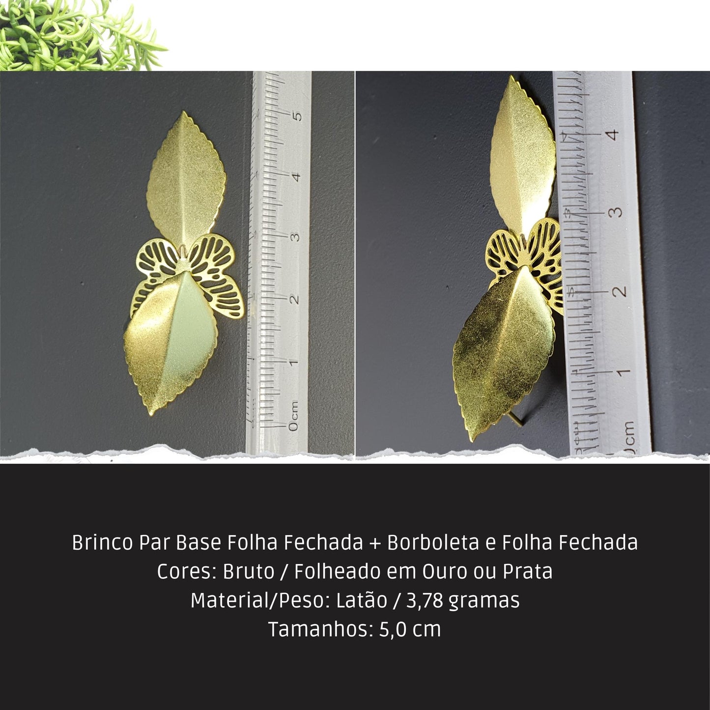 Brinco Par Base Folha Fechada + Borboleta e Folha Fechada  - Código.: BR230055AIBR  - Peso.: 3.8 gr