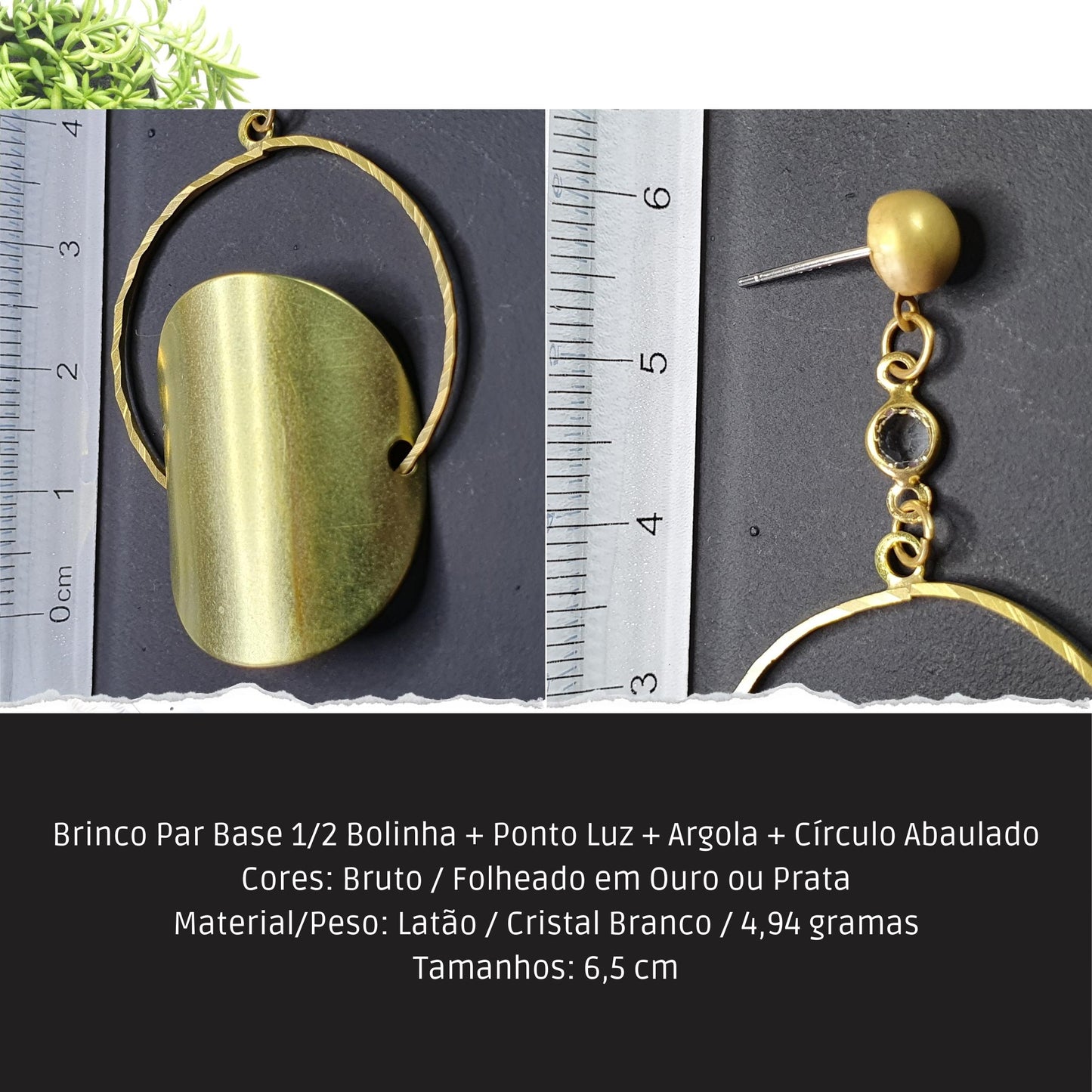 Brinco Par Base 1/2 Bolinha + Ponto Luz + Argola + Círculo Abaulado  - Código.: BR230058AIBR  - Peso.: 4.9 gr
