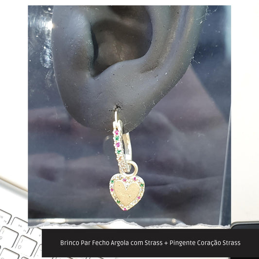 Brinco Par Fecho Argola com Strass + Pingente Coração Strass  - Código.: BR230061AIBR  - Peso.: 4.5 gr