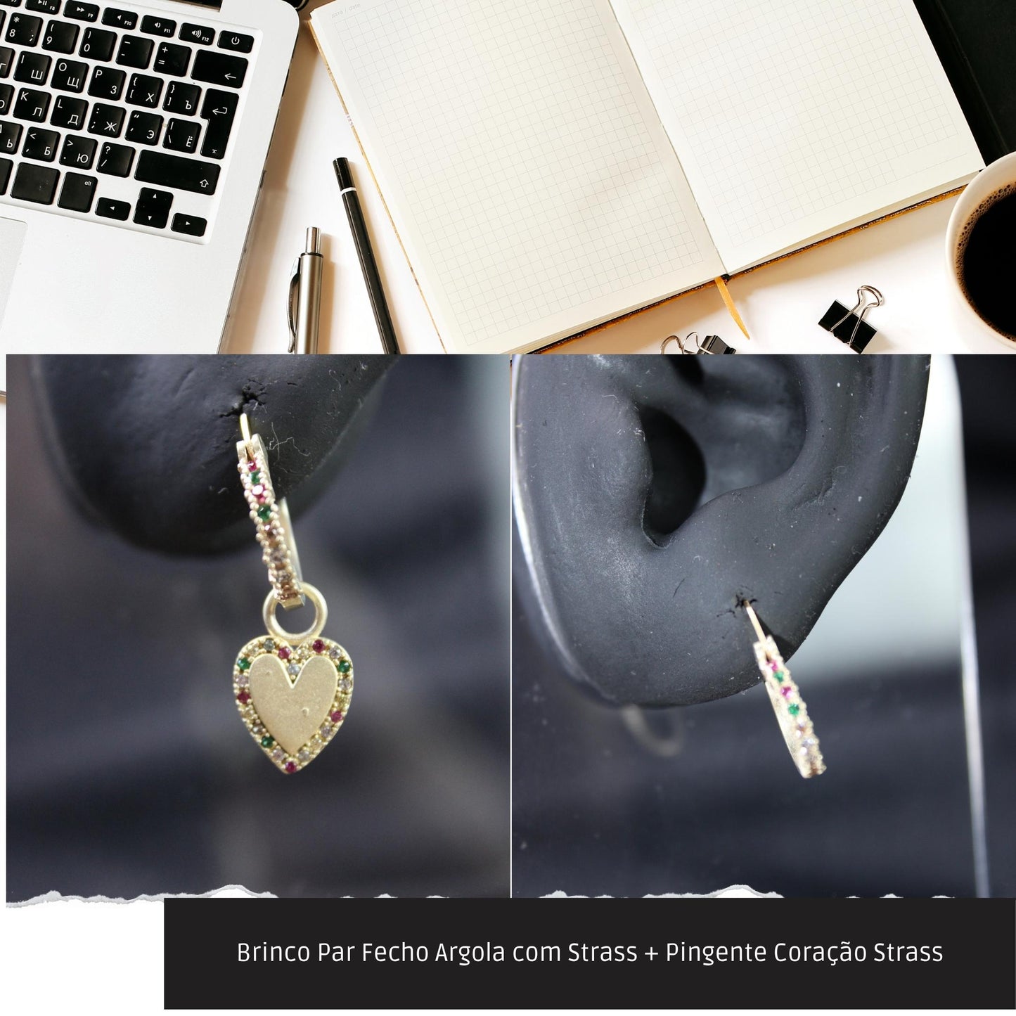 Brinco Par Fecho Argola com Strass + Pingente Coração Strass  - Código.: BR230061AIBR  - Peso.: 4.5 gr