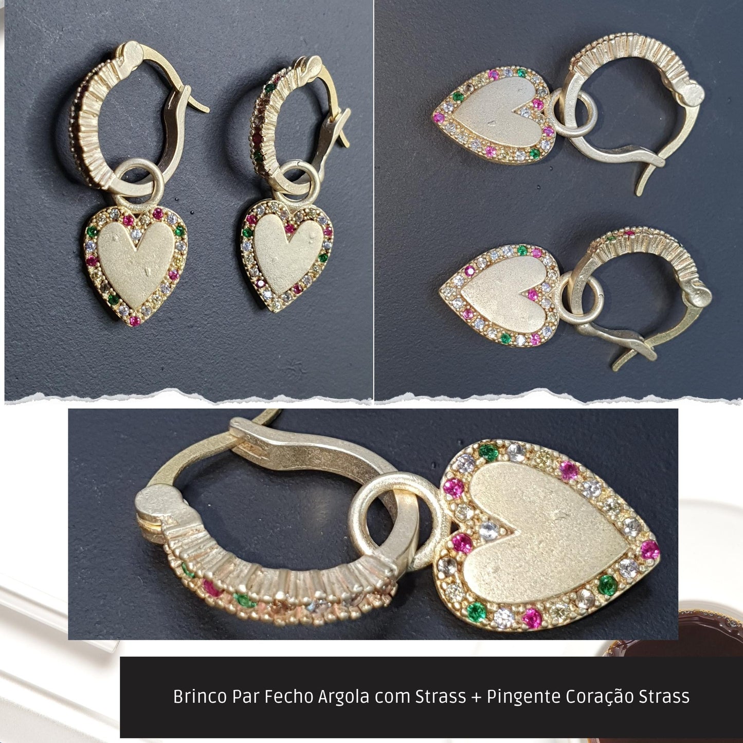 Brinco Par Fecho Argola com Strass + Pingente Coração Strass  - Código.: BR230061AIBR  - Peso.: 4.5 gr