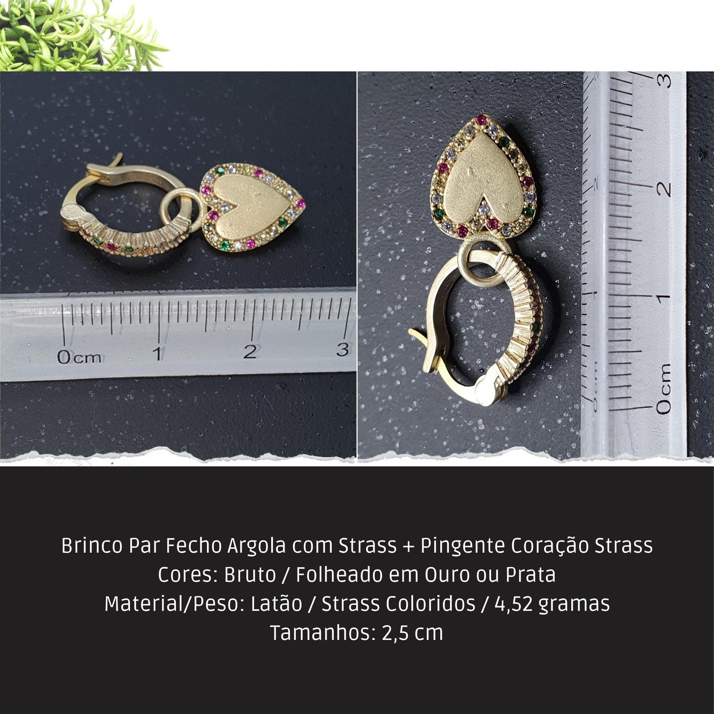 Brinco Par Fecho Argola com Strass + Pingente Coração Strass  - Código.: BR230061AIBR  - Peso.: 4.5 gr