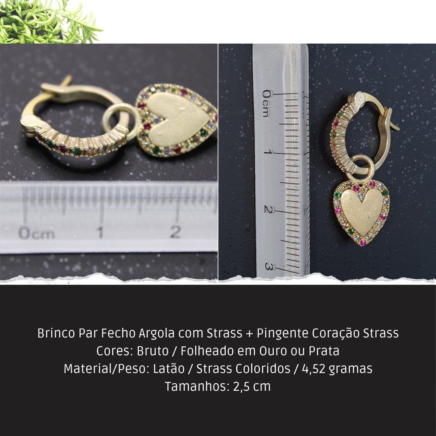 Brinco Par Fecho Argola com Strass + Pingente Coração Strass  - Código.: BR230061AIBR  - Peso.: 4.5 gr
