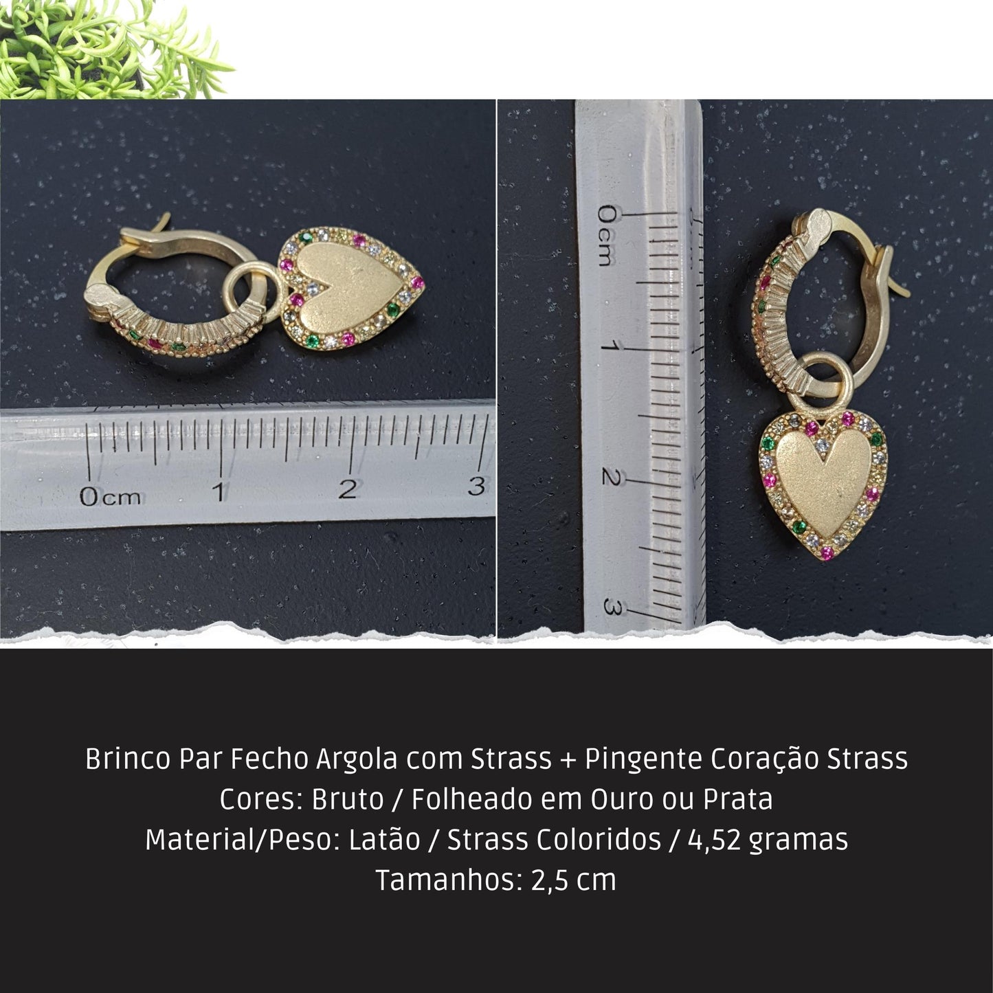 Brinco Par Fecho Argola com Strass + Pingente Coração Strass  - Código.: BR230061AIBR  - Peso.: 4.5 gr
