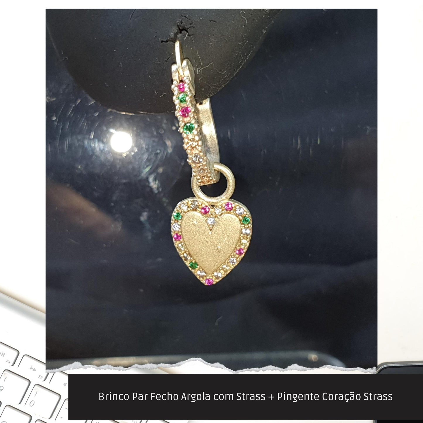 Brinco Par Fecho Argola com Strass + Pingente Coração Strass  - Código.: BR230061AIBR  - Peso.: 4.5 gr