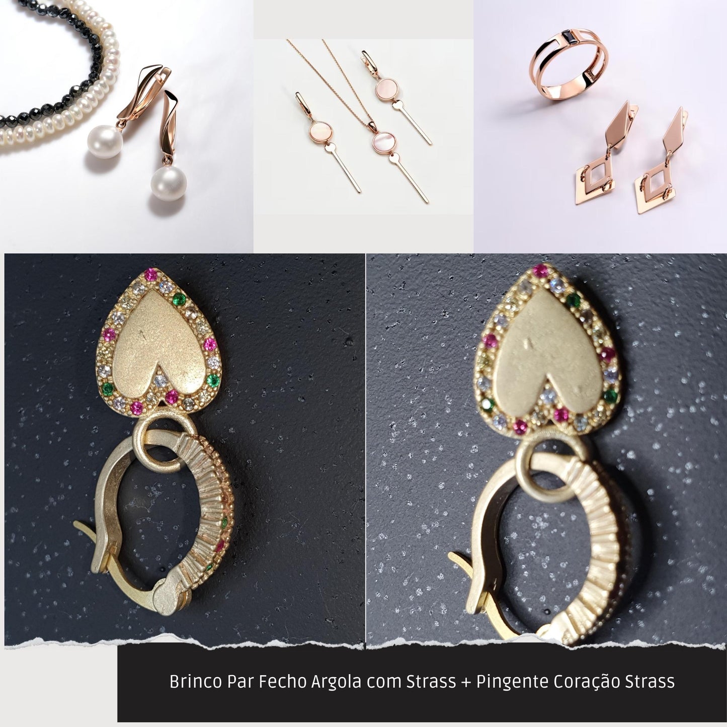 Brinco Par Fecho Argola com Strass + Pingente Coração Strass  - Código.: BR230061AIBR  - Peso.: 4.5 gr