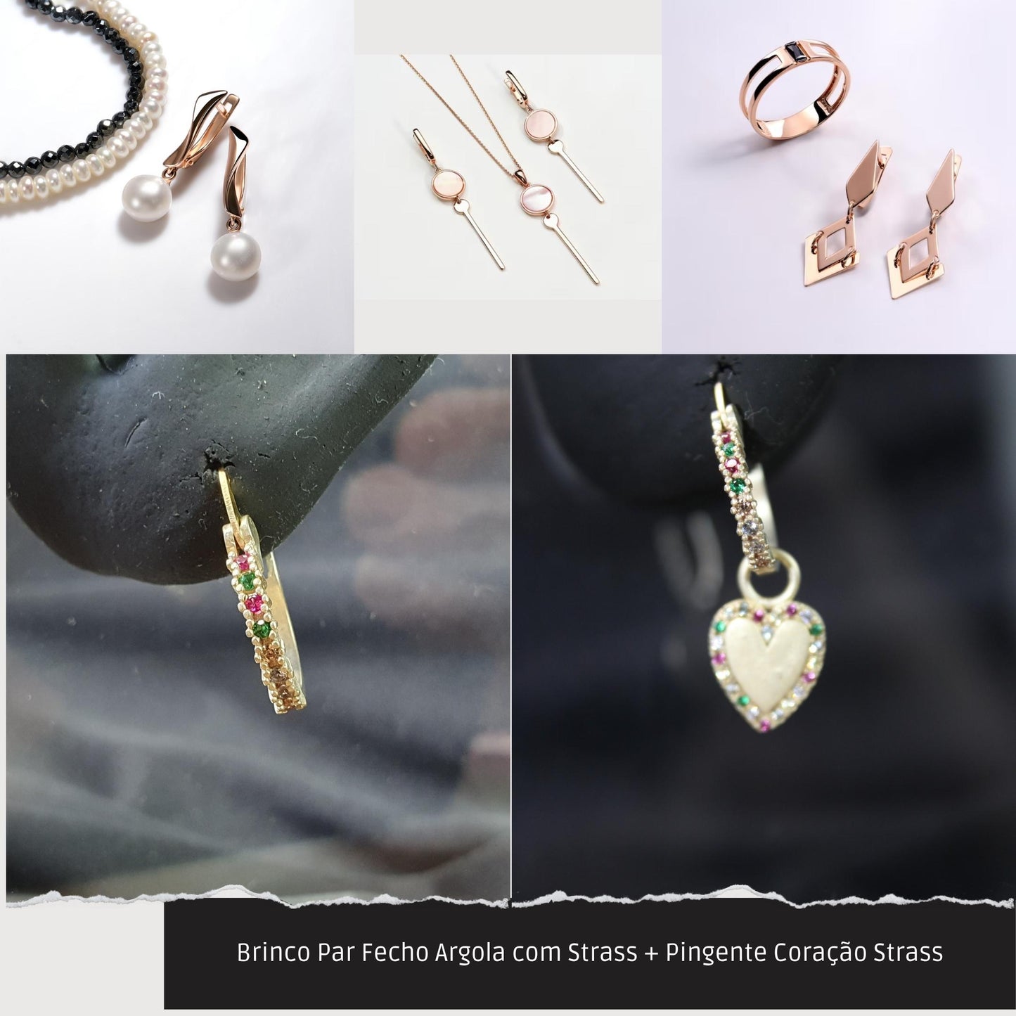 Brinco Par Fecho Argola com Strass + Pingente Coração Strass  - Código.: BR230061AIBR  - Peso.: 4.5 gr