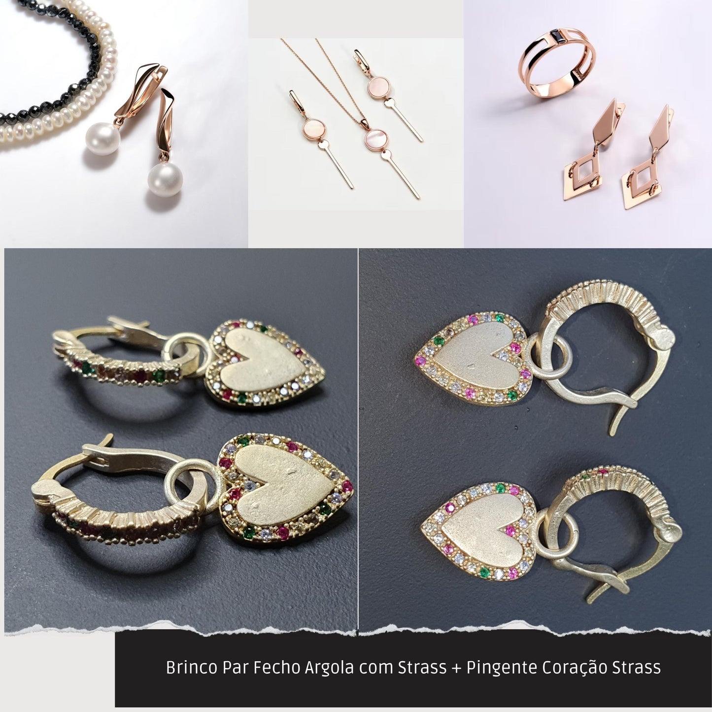 Brinco Par Fecho Argola com Strass + Pingente Coração Strass  - Código.: BR230061AIBR  - Peso.: 4.5 gr