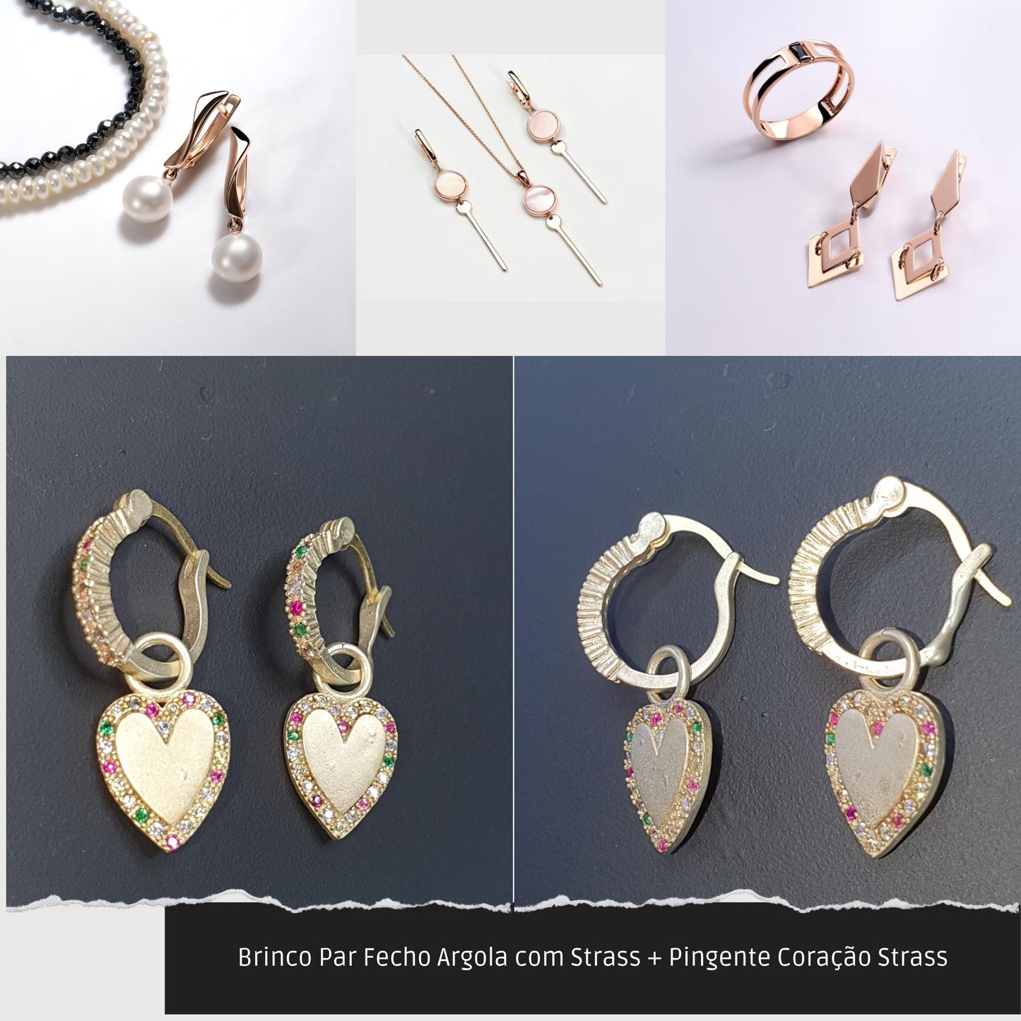 Brinco Par Fecho Argola com Strass + Pingente Coração Strass  - Código.: BR230061AIBR  - Peso.: 4.5 gr