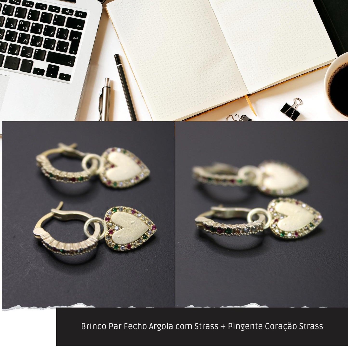 Brinco Par Fecho Argola com Strass + Pingente Coração Strass  - Código.: BR230061AIBR  - Peso.: 4.5 gr