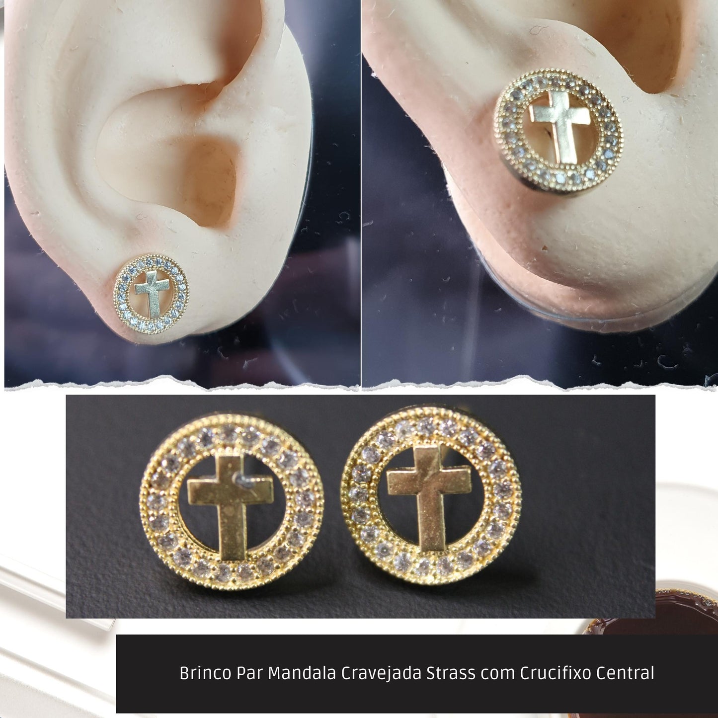 Brinco Par Mandala Cravejada Strass com Crucifixo Central  - Código.: BR230062AIBR  - Peso.: 1.3 gr