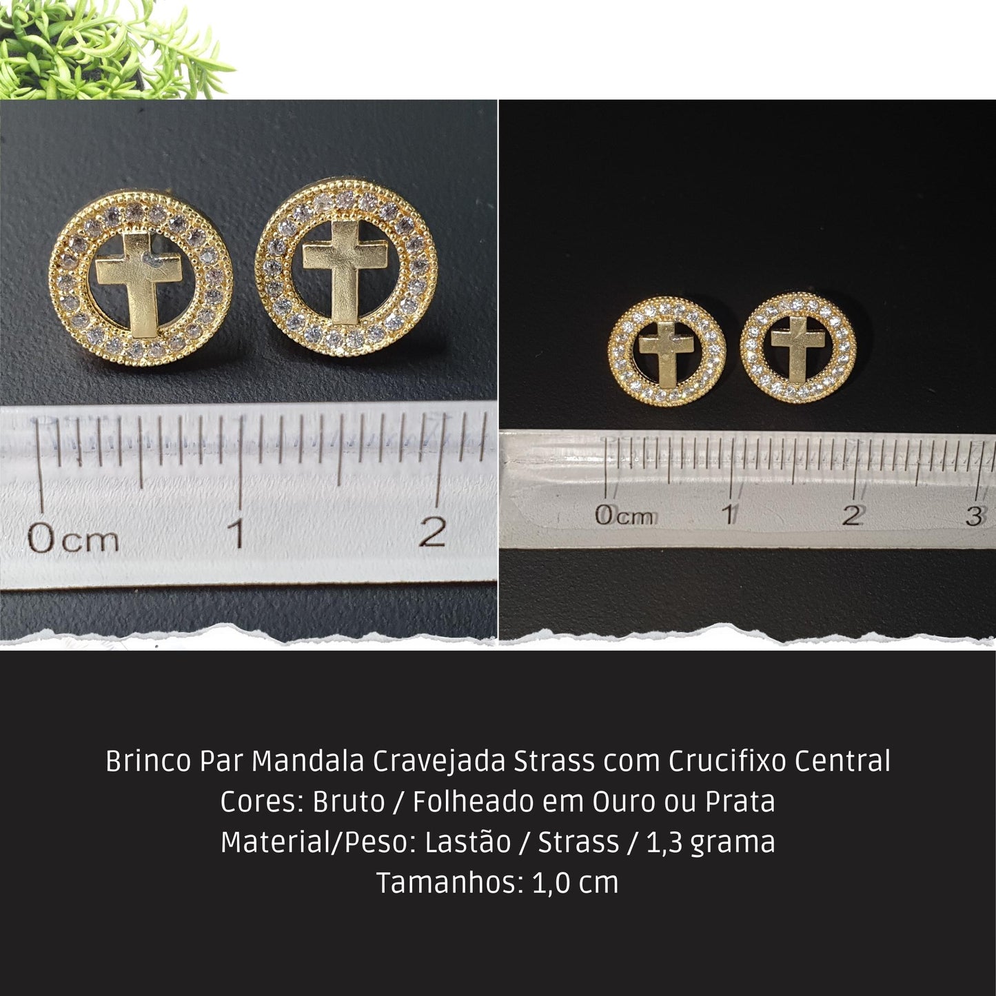 Brinco Par Mandala Cravejada Strass com Crucifixo Central  - Código.: BR230062AIBR  - Peso.: 1.3 gr