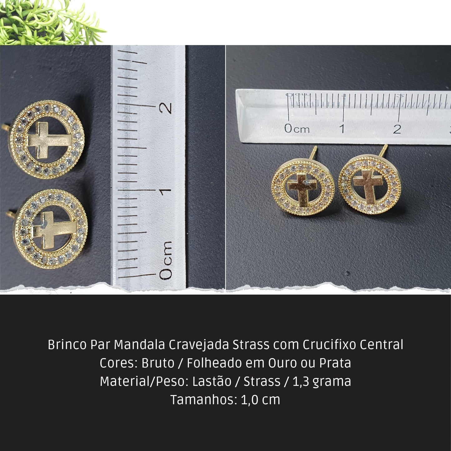 Brinco Par Mandala Cravejada Strass com Crucifixo Central  - Código.: BR230062AIBR  - Peso.: 1.3 gr