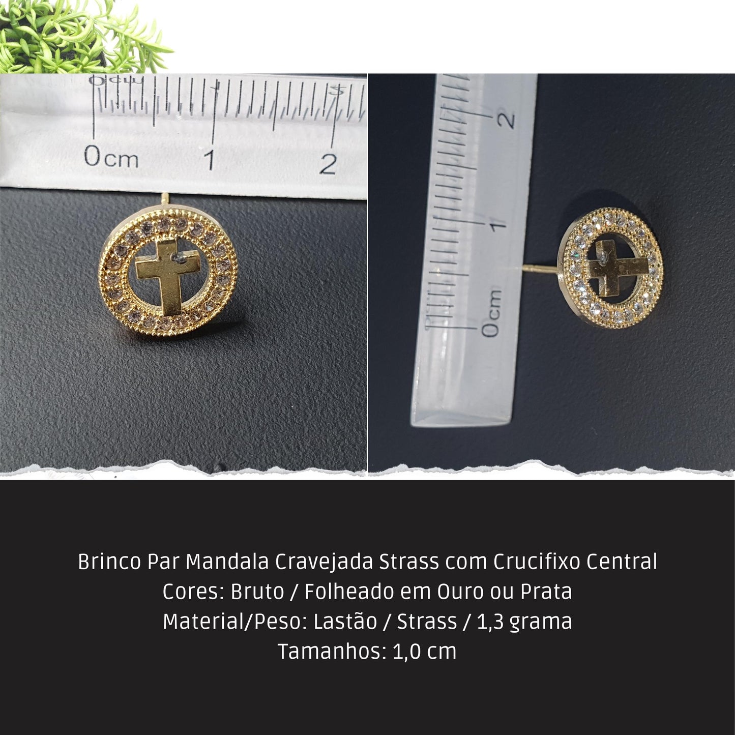 Brinco Par Mandala Cravejada Strass com Crucifixo Central  - Código.: BR230062AIBR  - Peso.: 1.3 gr