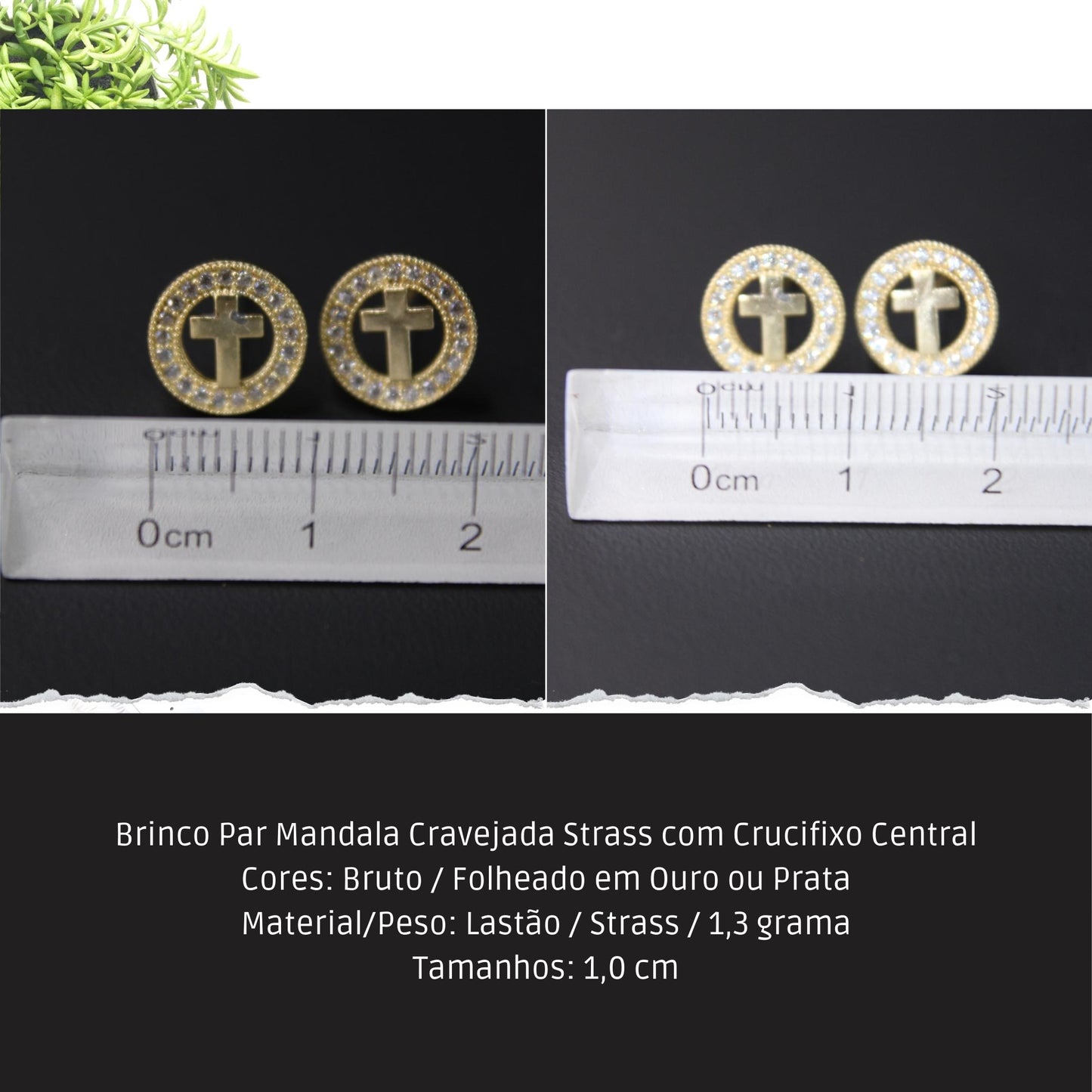 Brinco Par Mandala Cravejada Strass com Crucifixo Central  - Código.: BR230062AIBR  - Peso.: 1.3 gr