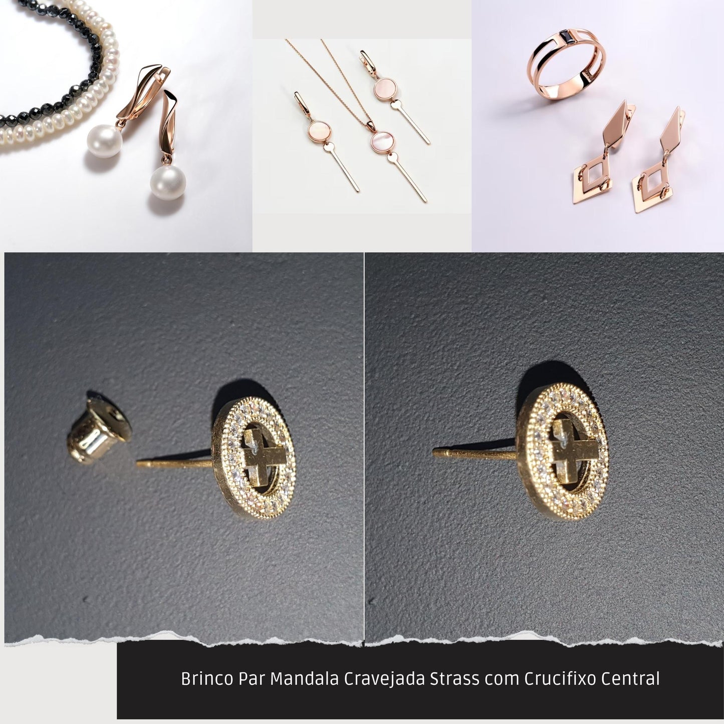 Brinco Par Mandala Cravejada Strass com Crucifixo Central  - Código.: BR230062AIBR  - Peso.: 1.3 gr