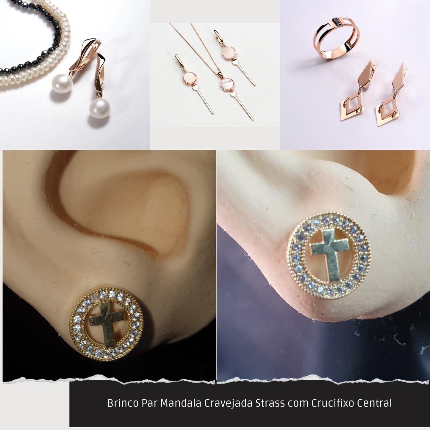 Brinco Par Mandala Cravejada Strass com Crucifixo Central  - Código.: BR230062AIBR  - Peso.: 1.3 gr