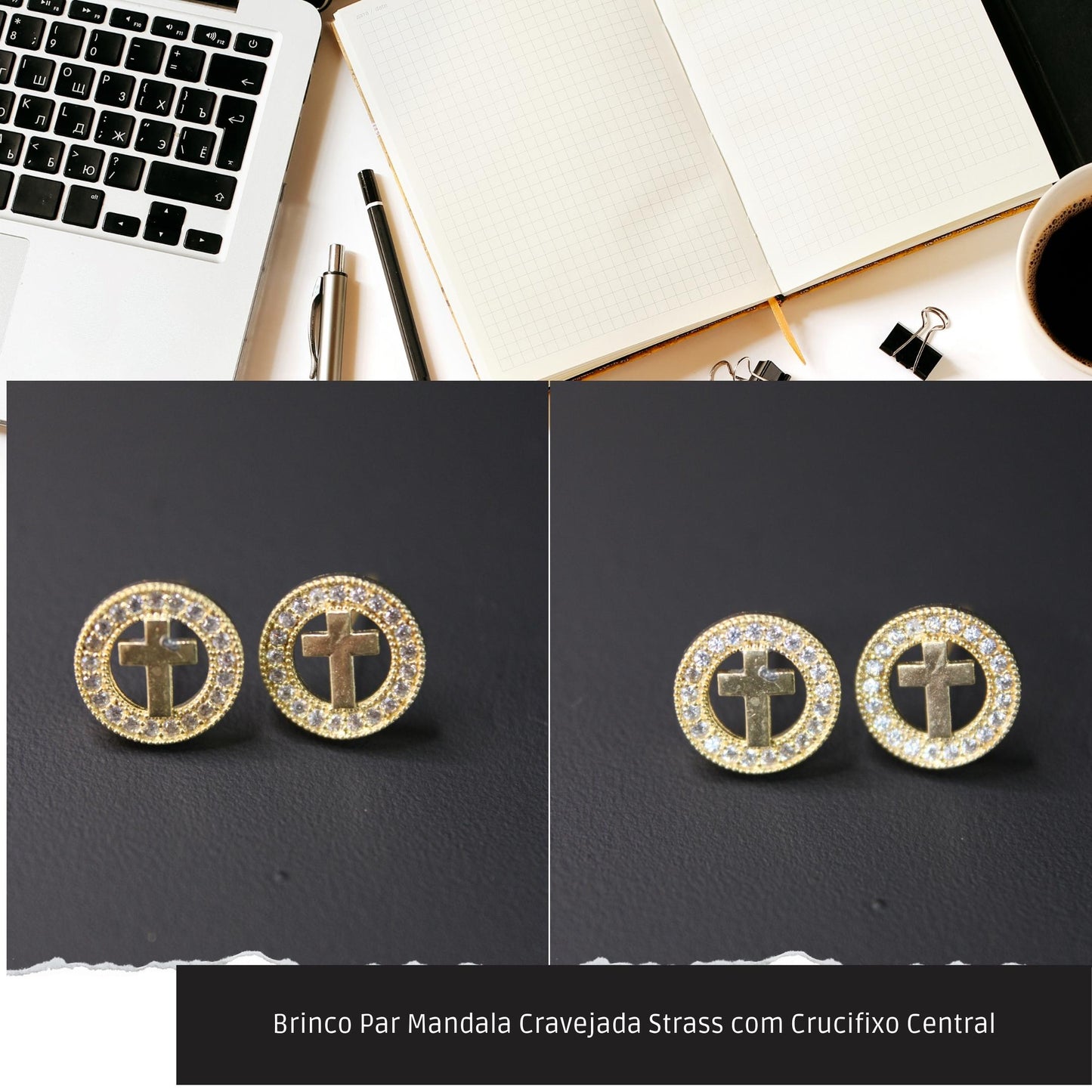 Brinco Par Mandala Cravejada Strass com Crucifixo Central  - Código.: BR230062AIBR  - Peso.: 1.3 gr