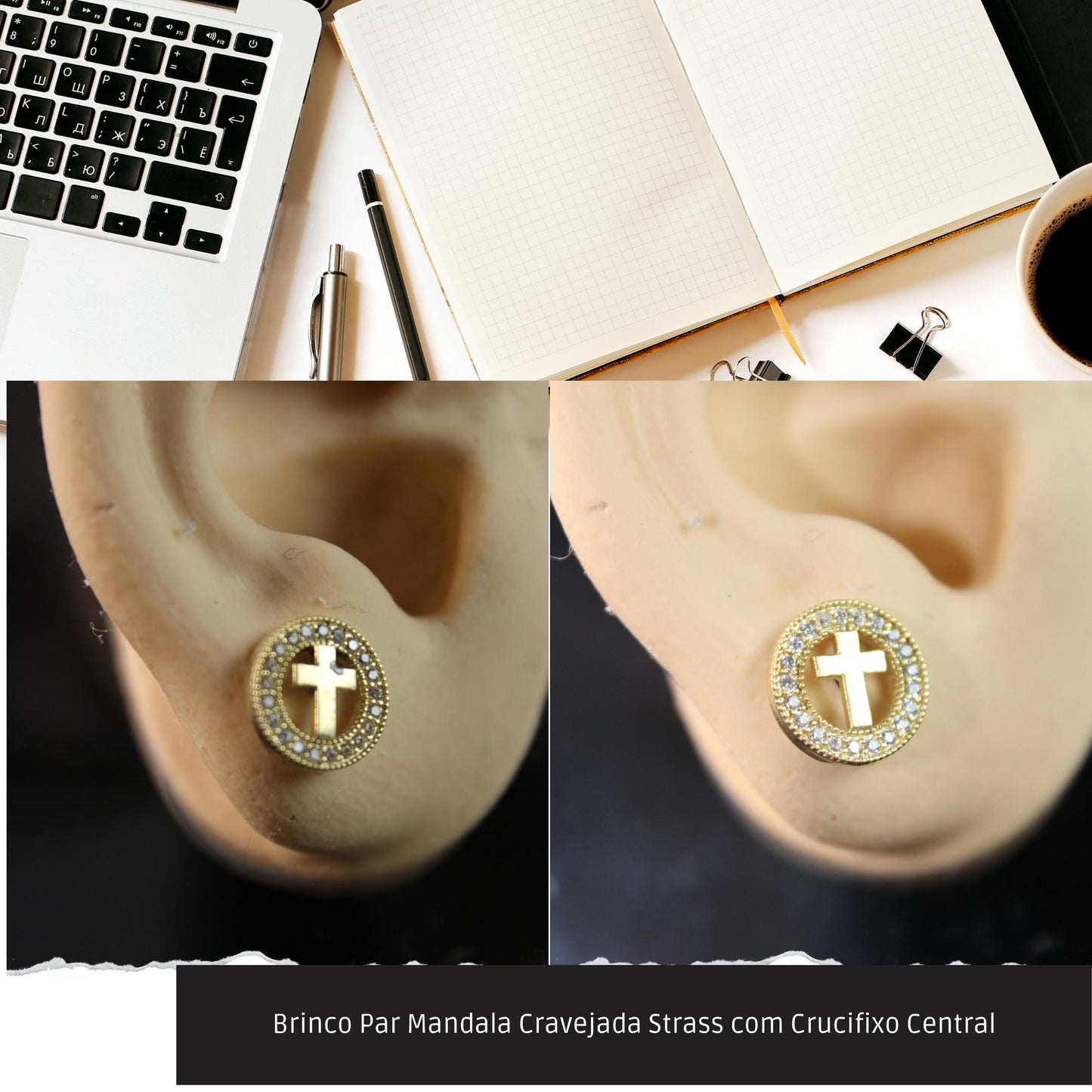 Brinco Par Mandala Cravejada Strass com Crucifixo Central  - Código.: BR230062AIBR  - Peso.: 1.3 gr