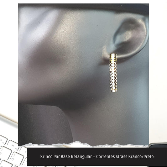 Brinco Par Base Retangular + Correntes Strass Branco/Preto  - Código.: BR230063AIBR  - Peso.: 2.2 gr