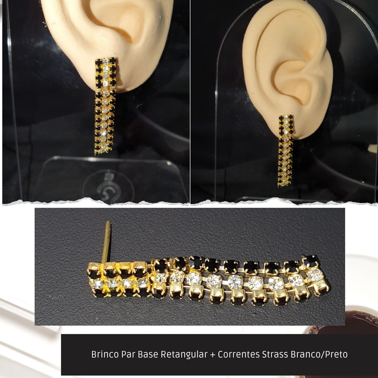 Brinco Par Base Retangular + Correntes Strass Branco/Preto  - Código.: BR230063AIBR  - Peso.: 2.2 gr