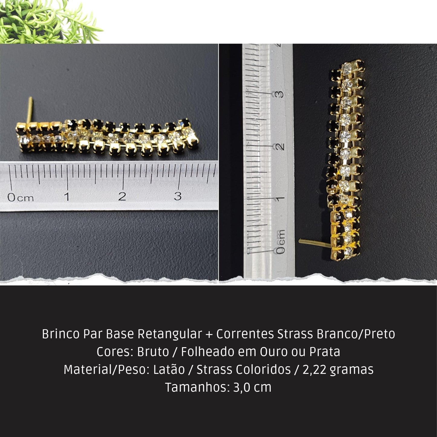 Brinco Par Base Retangular + Correntes Strass Branco/Preto  - Código.: BR230063AIBR  - Peso.: 2.2 gr