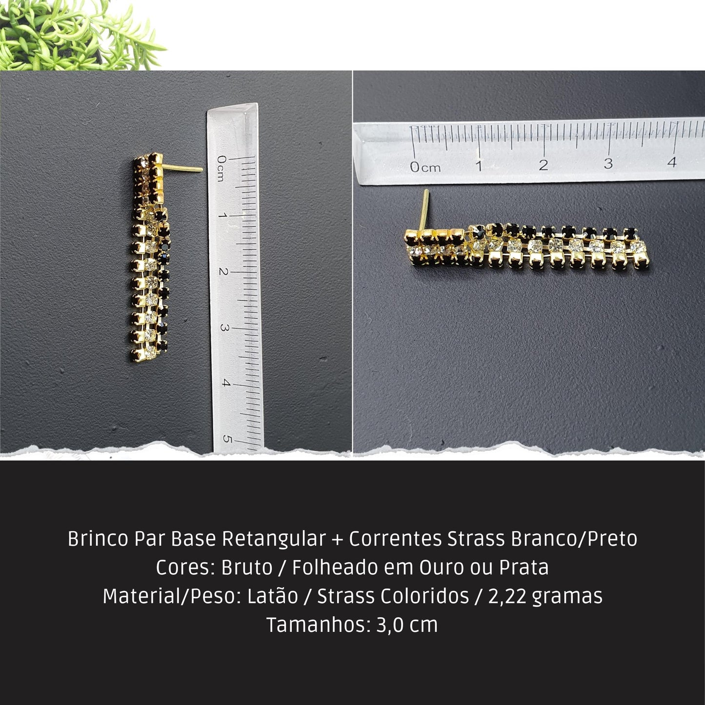 Brinco Par Base Retangular + Correntes Strass Branco/Preto  - Código.: BR230063AIBR  - Peso.: 2.2 gr
